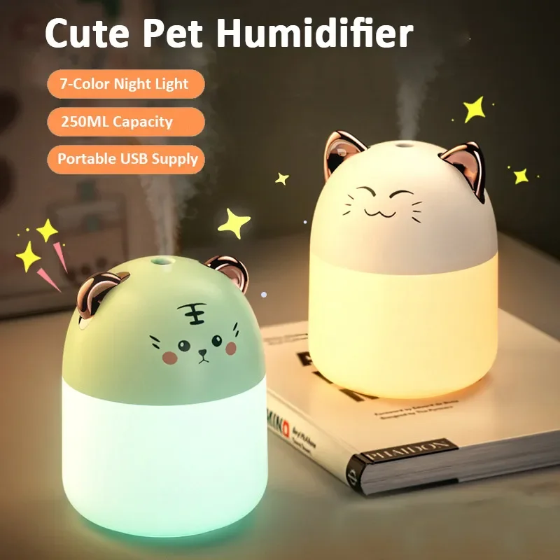 Umidificador de ar ultrassônico com luz noturna colorida, Cute Pet Aroma Difusor, Umidificadores de névoa fria para casa, escritório, quarto, 250ml