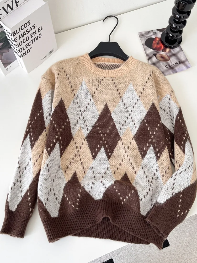 Foamlina European Diamond Round Neck Long Sleeve Knit Sweater Women Autumn Loose Flattering Street Style Relaxed Lazy Sweet Top