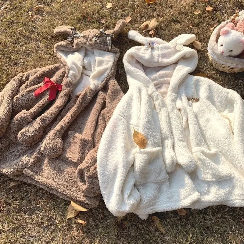 Abrigo de Cachemira de imitación de felpa con Orejas de conejo para mujer, chaqueta acolchada de terciopelo con cremallera, sudaderas suaves