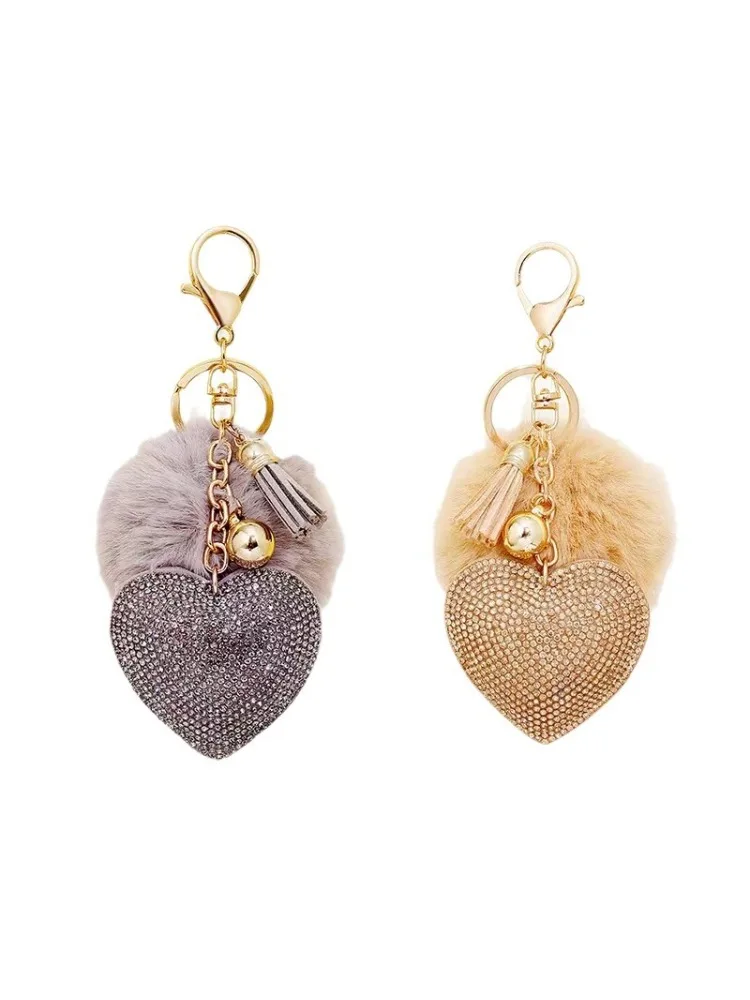Classic Rhinestone Heart Shape Keychain Furball  Crystal  Pandent for Couple Anime Style Women Handbag and Child Gift Wholesale