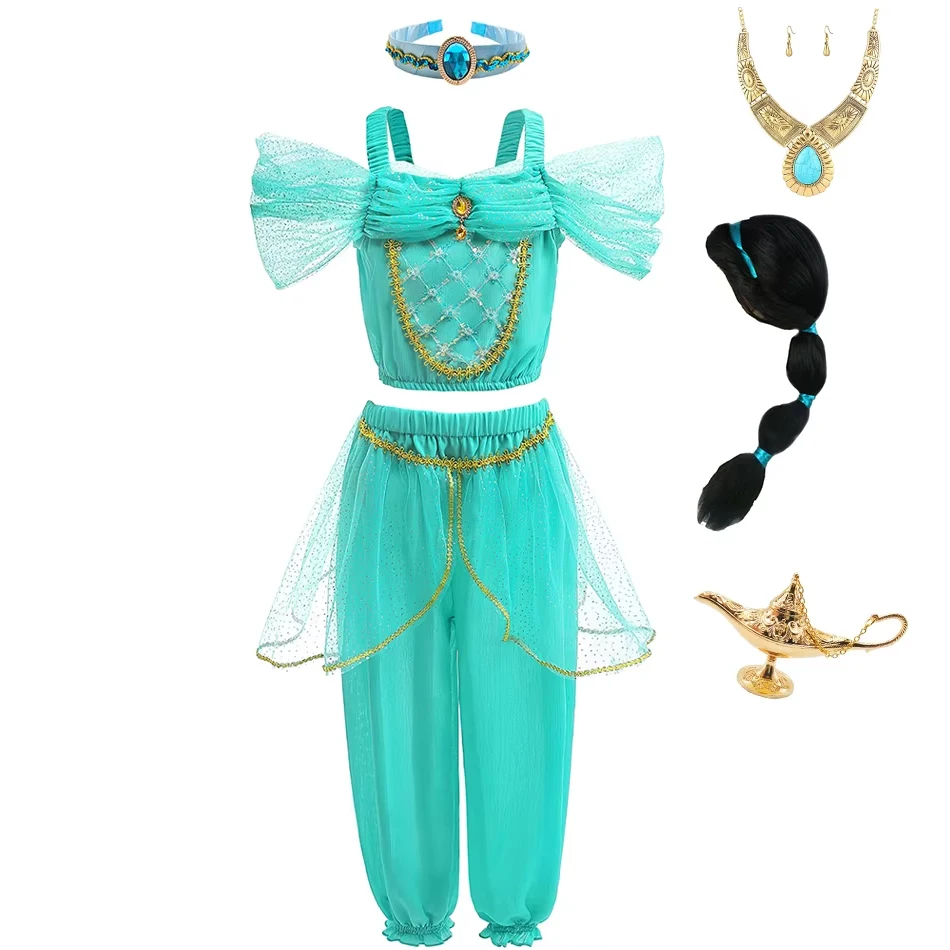 

Детский костюм принцессы Жасмин для девочек, зеленый тюлевый комплект из 2 предметов, подарок на день рождения, наряд для вечеринки на Хэллоуин, фантастический костюм