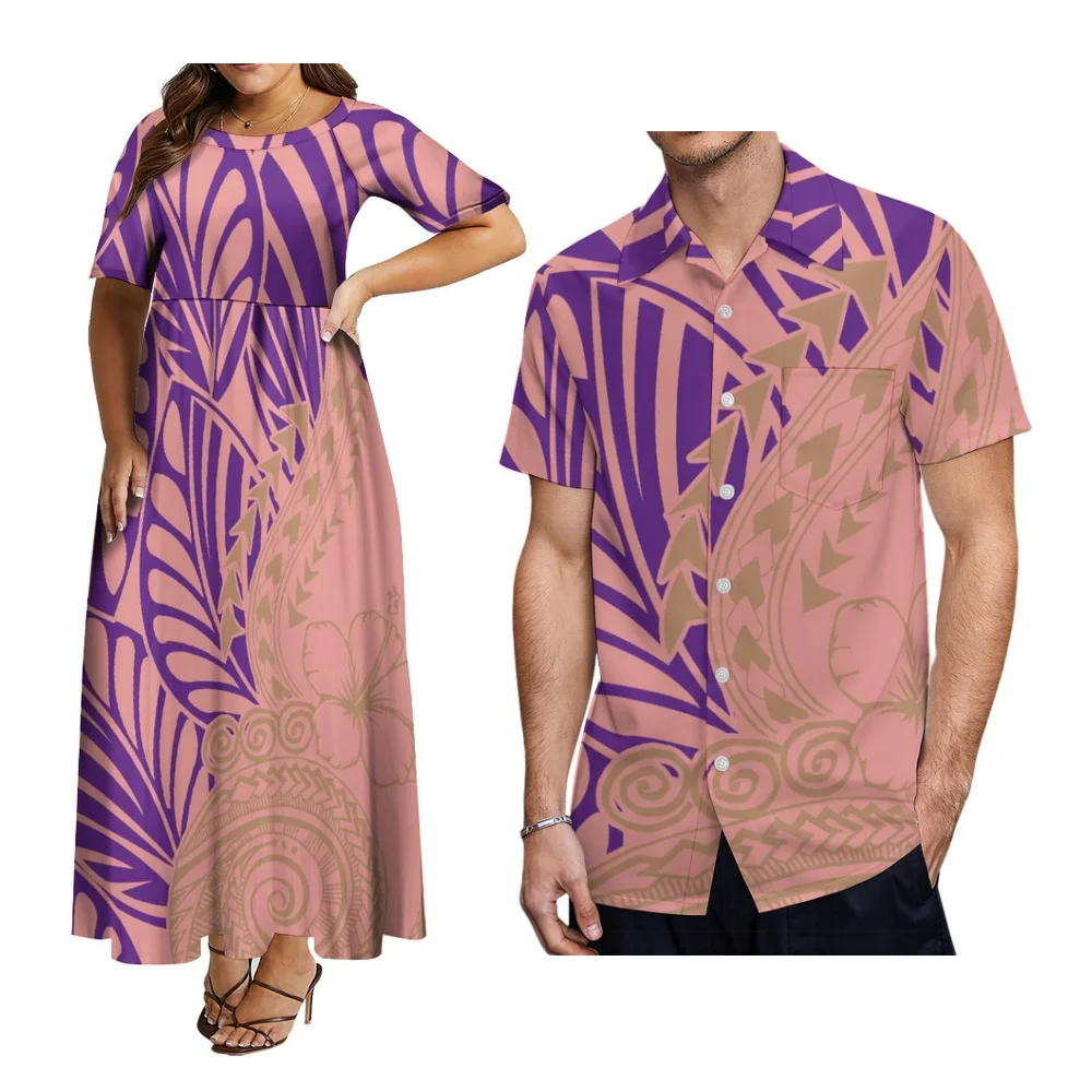 ชุดคู่พิมพ์ลาย Pacific Art Island สำหรับงานเทศกาลซามัว ชุดเดรสผู้หญิงและเสื้อเชิ้ตผู้ชาย แฟชั่นลำลอง ชุดราตรี