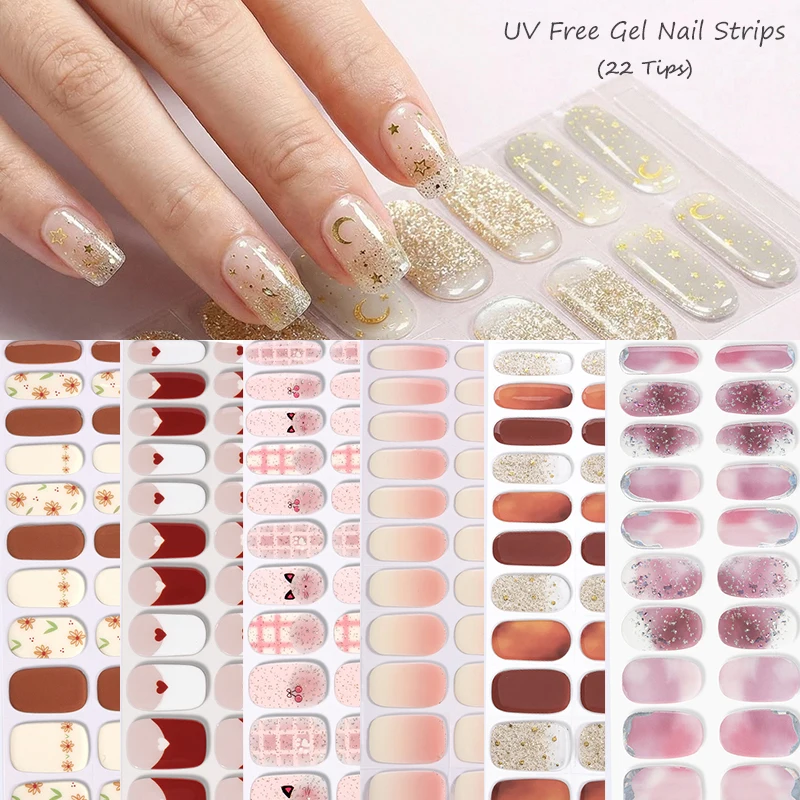 22Tips Full Wrap Nail Polish Stickers Self-Adhesive UV FREE Gel Nail Strips Art Decals Non Semi-cured DIY Nail Decorations Strip