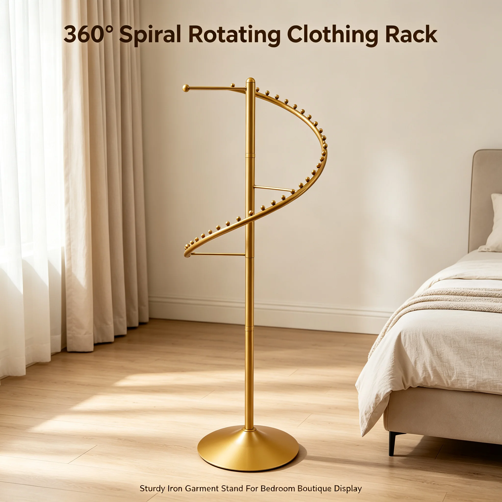 Rotating Clothing Rack 360° Spiral Garment Rack, Sturdy Iron Stand with Multiple Hanging Points & Dividing Bars, Space-Saving Floor Display for Bedroom Laundry Room Boutique