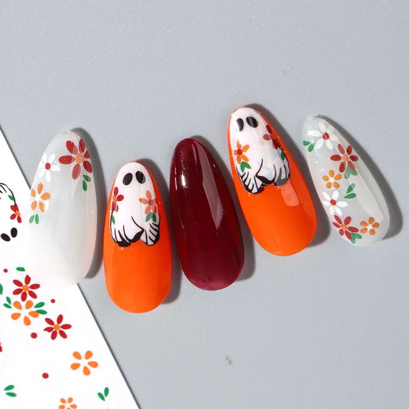 2 pezzi adesivi per nail art 3D Halloween fantasma spettrale e fiore decalcomanie autoadesive per cursori disegni simpatici cartoni animati per manicure festive