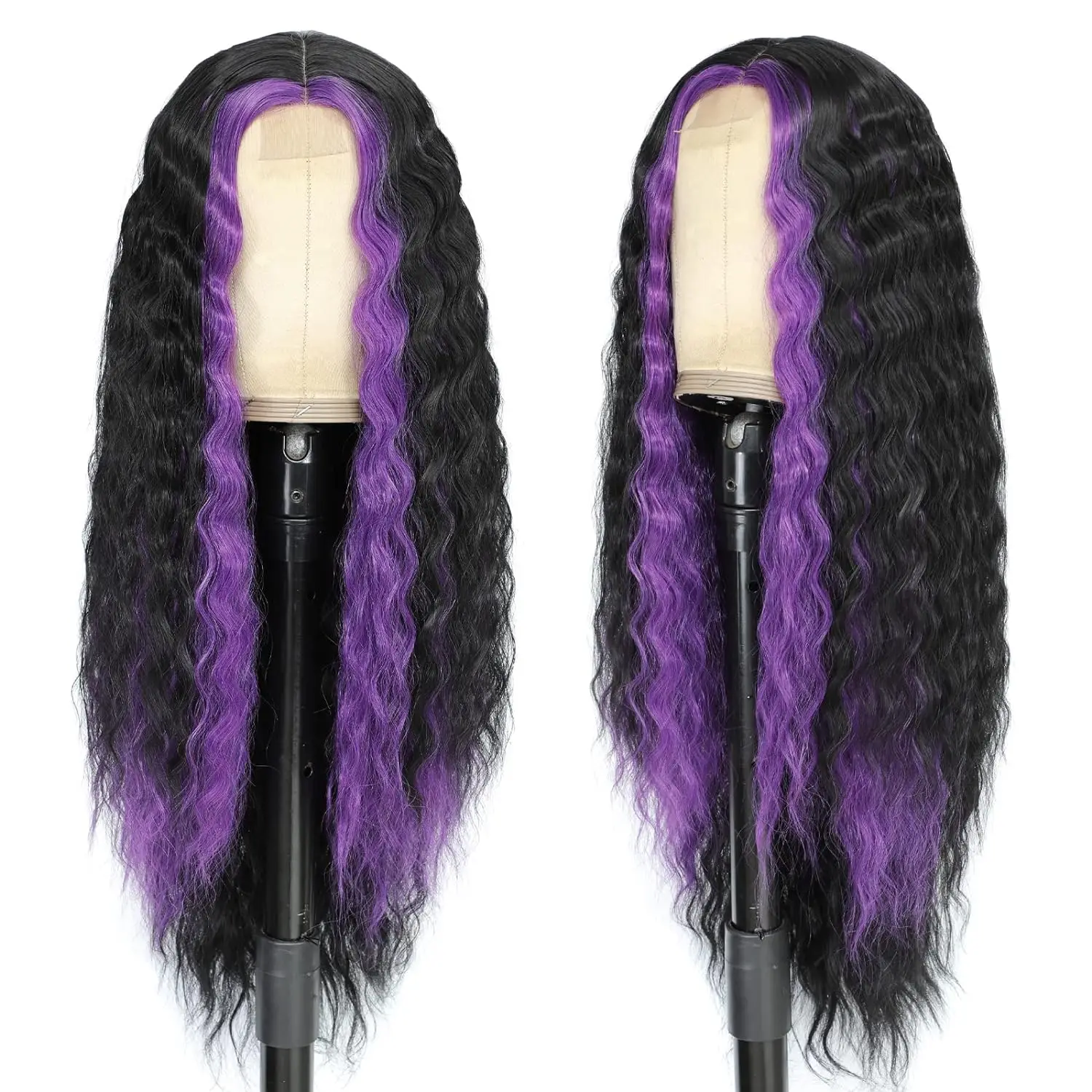 شعر مستعار مجعد اصطناعي مع ضوء أرجواني للنساء ، موجة عميقة طويلة ، تجعيد طبيعي ، تجعيد ، ظربان ، شريط ، دانتيل أمامي ، داي