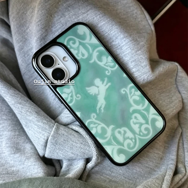 Mint Green Baroque Pattern Angel Black Border Drip Glue Phone Case For iPhone 17 Air 16 Pro Max 15 14 Plus 13 12 11 Back Cover view 5
