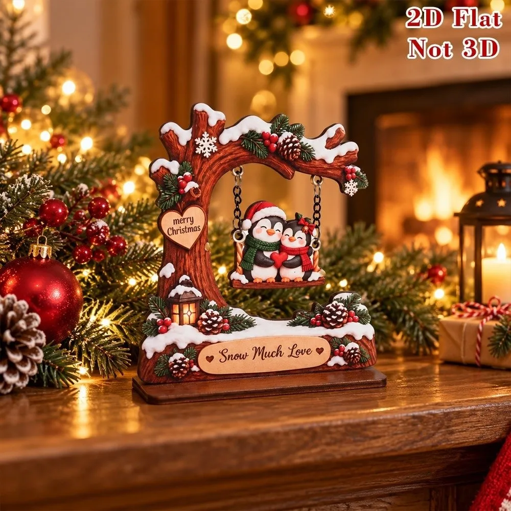 2D Flat Wooden Christmas Ornament Brown Base Handcrafted Desktop Plaque Vintage Swing Santa Claus Decoration Holiday Gift