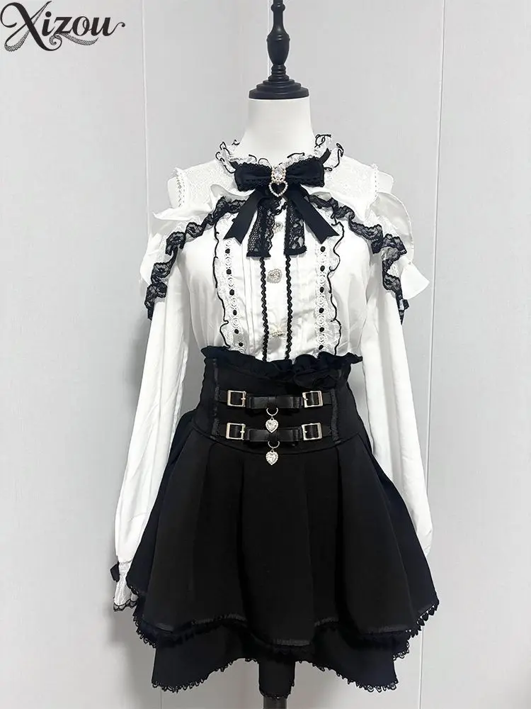 Japanese Vintage Lolita 2‑Piece Set Off‑Shoulder Long Sleeve Blouse High Waist Skirt Bow Heart Charm Lace Ruffle Summer Outfit