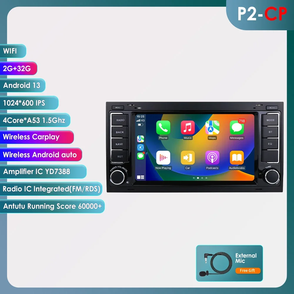 Carplay 4G-LTE 7 ''2Din Android 14 Autoradio GPS voor VW Volkswagen Touareg Transporter T5 Multivan Naviagtion speler Audio WIFI