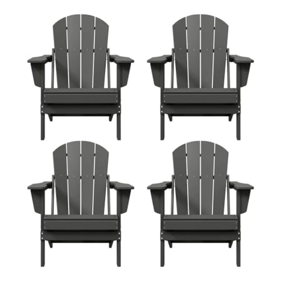 

Outdoor folding Adirondack chair set for patio use, made of HDPE plastic in gray color, weather-resistant and stackable