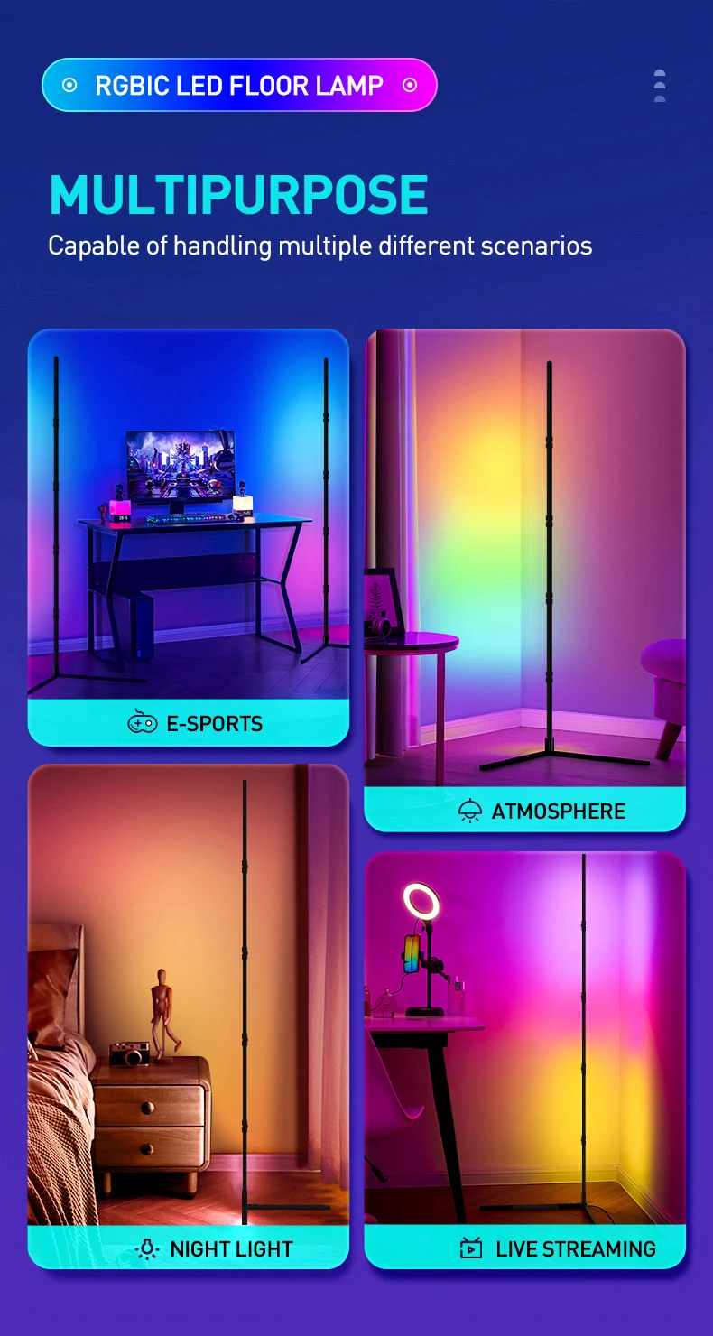 200cm RGB Tuya Floor Lamp Smart APP Remote Control Modern Corner Floor Light Atmospheric LED Stand Lighting Festival Decoration