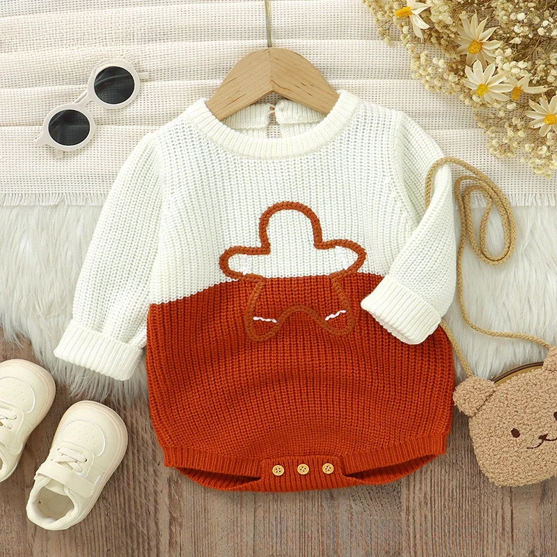 2024 New Baby Knitted Children Cute Embroidered Long-Sleeved Clothes Triangle Hatshirt Climbing Suit Autumn and Winter Sweaters