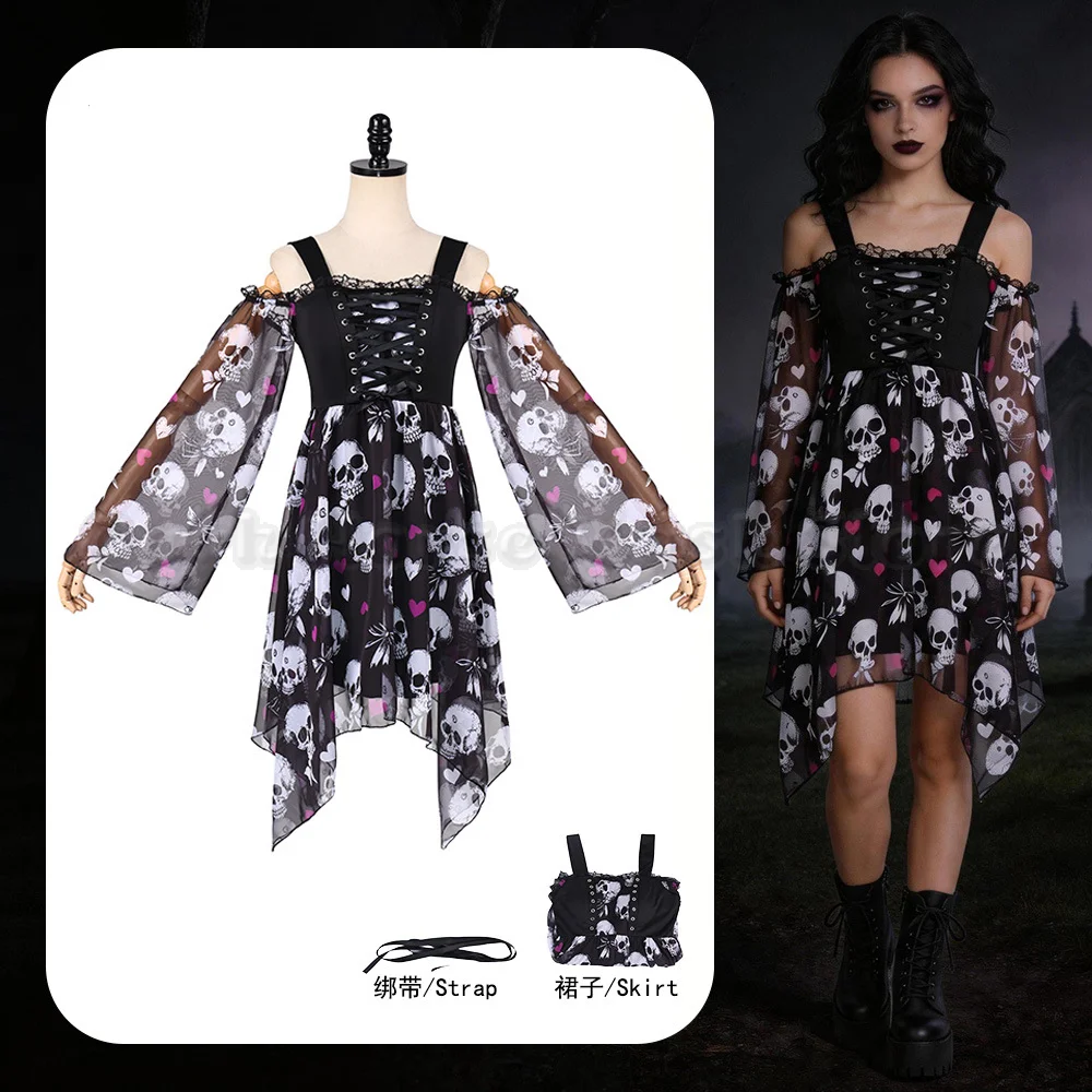 Dark Gothic Style Costume Skeleton Skull Dress Women Halloween Cosplay Clothes Uniform Outfits Disguise Carnival Party costumes