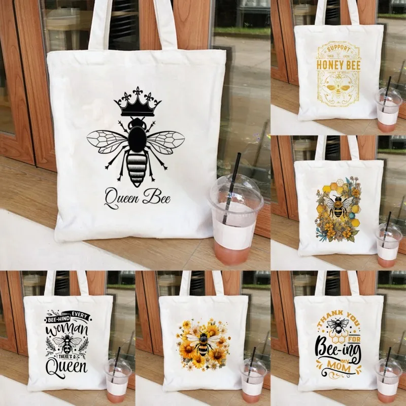 

Queen Bee Pattern Handbag Tote Bag Lightweight Canvas Shopper Portable Women's Crossbody Cosmetic Bag Environmentally Friendly