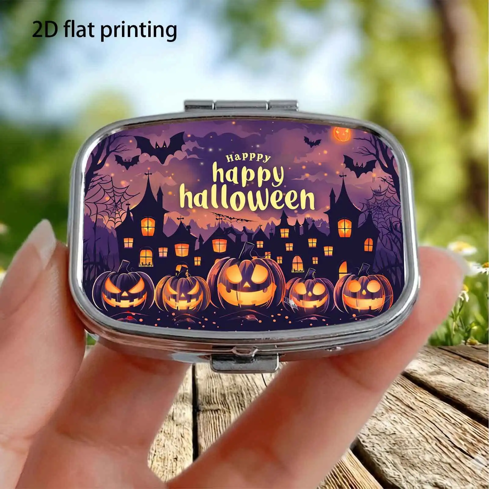 1Pc, Plane, Purple Night Castle Pumpkin Group Happy Halloween Retro Halloween Illustration Pattern, Square Two-Compartment Small Pill Storage Box