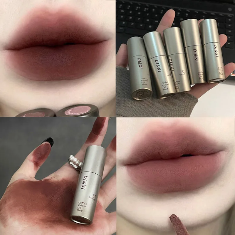 ลิปกลอสเนื้อแมท6สีสำหรับแต่งหน้าลิปกลอสสีติดทนนานไม่เหนียวเหนอะหนะลิปสีน้ำตาลเข้มโคลนลิปเครื่องสำอาง