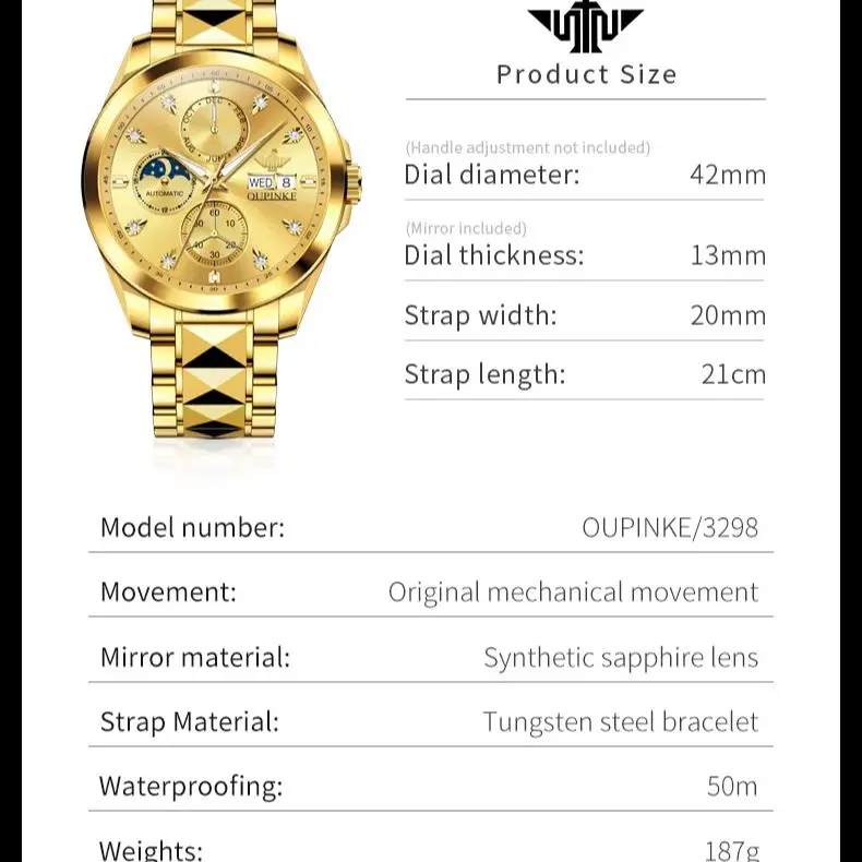 OUPINKE 3298 Mechanical Watch Men Swiss Certification Diamond Dial Gold Watches Multifunction TOP Brand Wristwatches Man Luxury