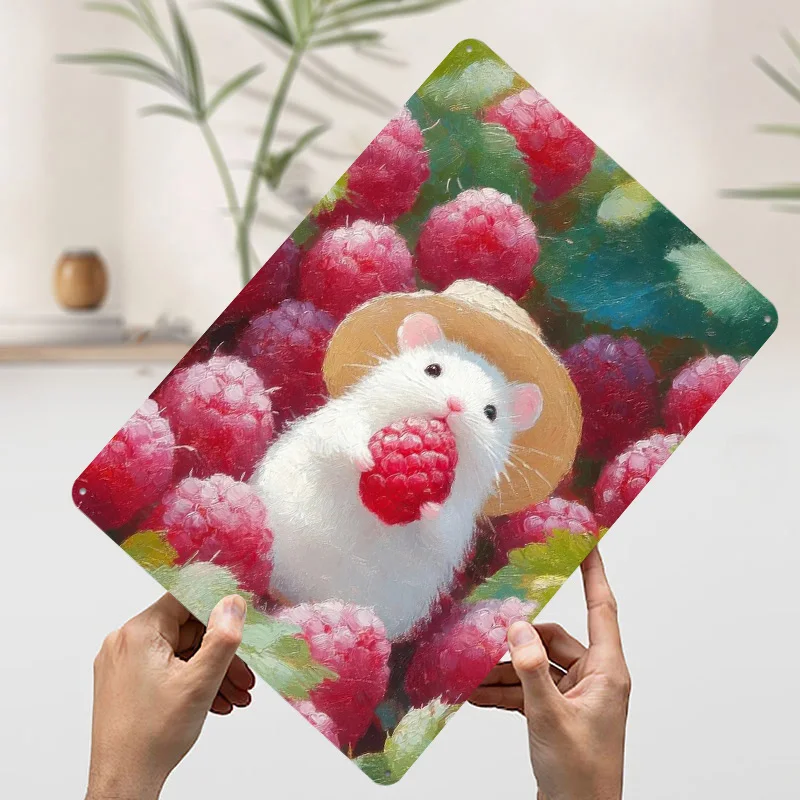 Mouse With Raspberry Metal Poster Metal Signs Wall Art Home Decoration Room Custom Tin Sign for Home Decoration Retro Man Cave