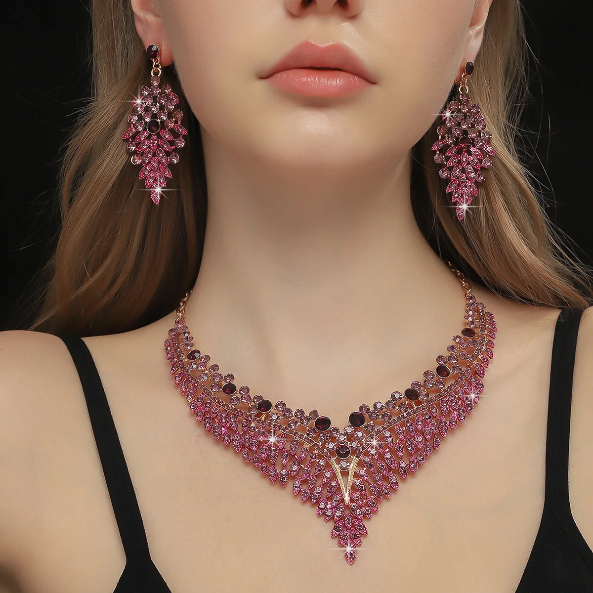 Image of FYUAN Luxus Inlay Strass Halskette Ohrringe Für Frauen Lila Kristall Wasser Tropfen Anhänger Hochzeit Braut Schmuck Sets