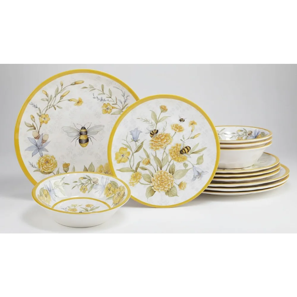 

Набор столовой посуды из меламина на 4 предмета, миски с пчелиными цветочными тарелками, небьющаяся уличная посуда