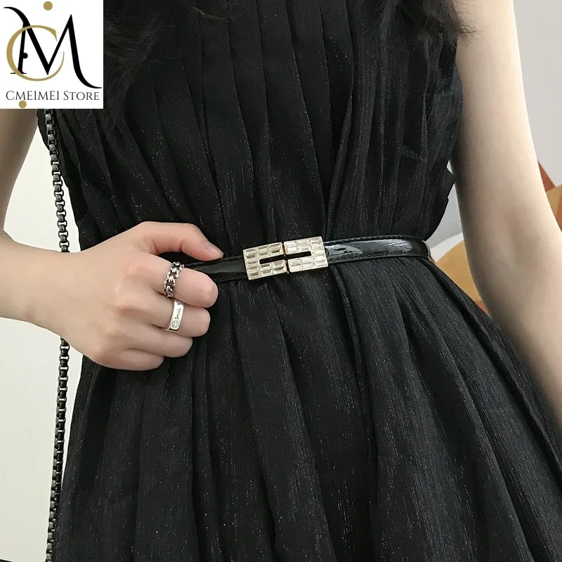 Women's Belt Dress Genuine Leather Skinny Patent Leather Belts Gold Rectangle Shiny Rhinestone Buckle Belt