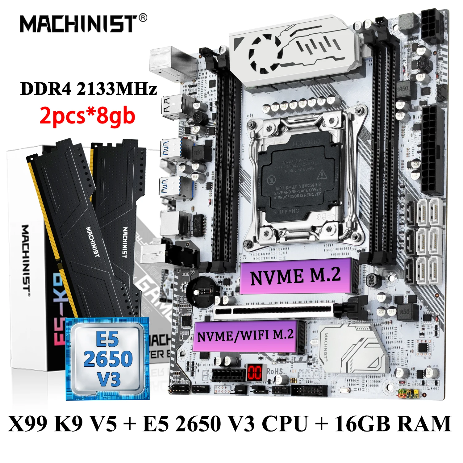 

MACHINIST Kit X99 K9 motherboard LGA2011-3 Set Xeon CPU E5 2650 V3 Processor DDR4 2*8gb Memory Four channel ssd M.2 NVME M-ATX