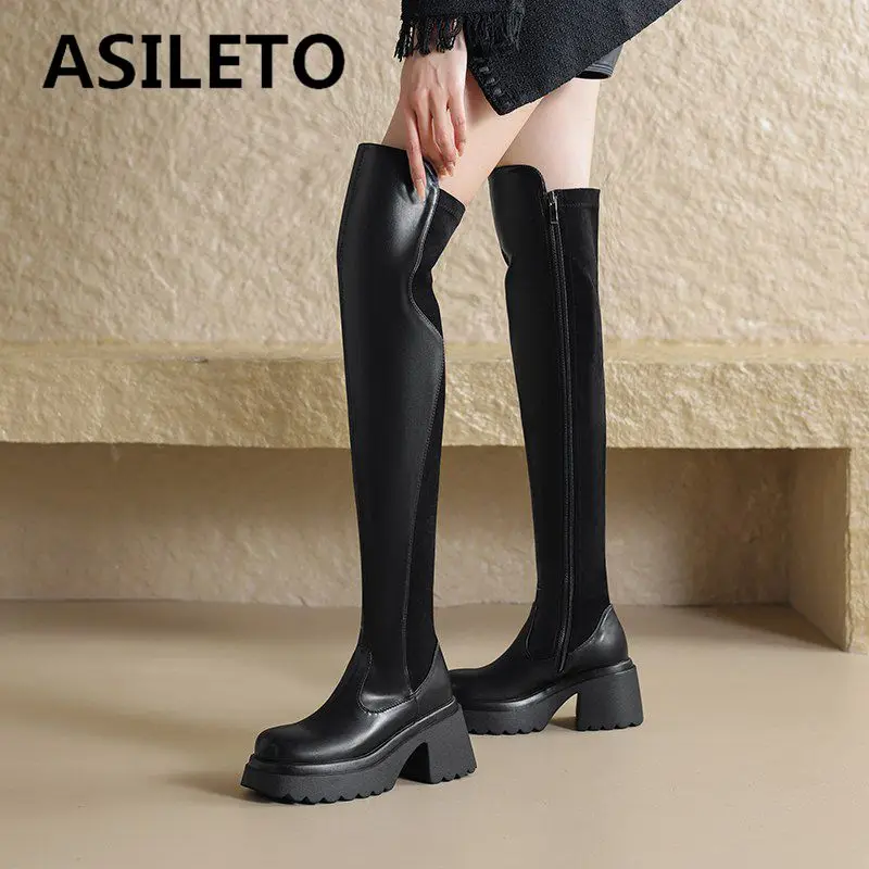 Asilleto-プラットフォームジッパースプライス女性用ハイブーツ、女性用ストレッチブーツ、ラウンドトゥ、ブロックヒール、7cm、プラスサイズ、42、43、パーティーシューズ