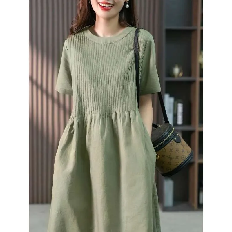 Womens Cotton Linen Dress Midlength Spring Summer Vintage Style Loose Waist Silk Material A-Line Skirt Short Sleeve round Neck