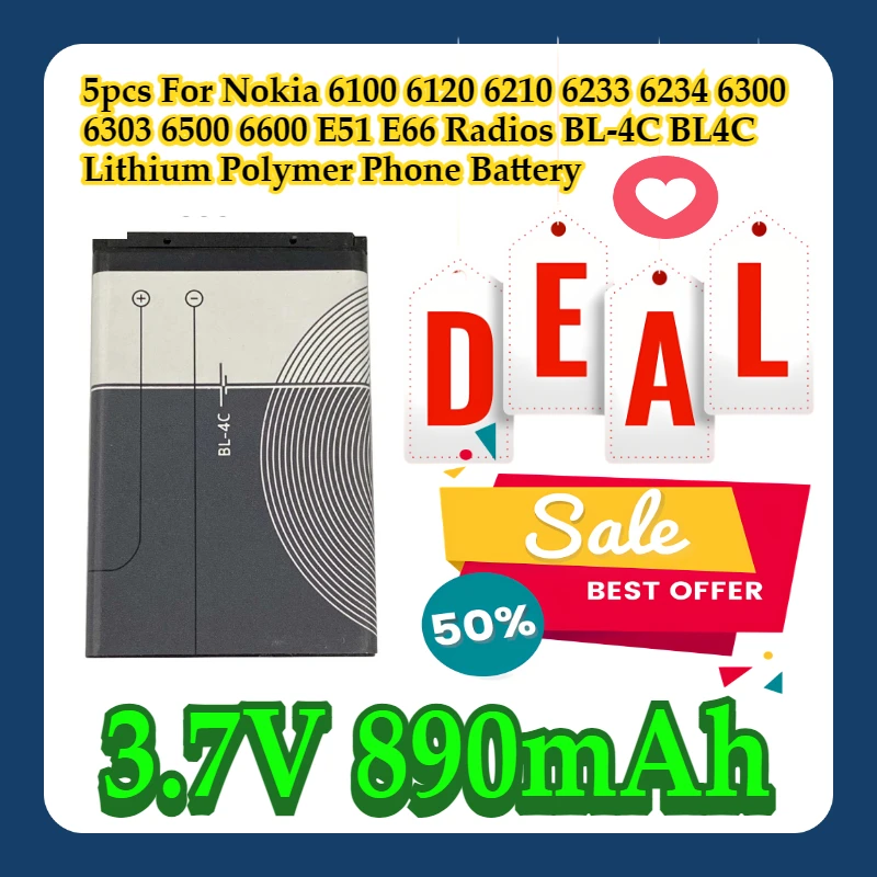 5 шт. для Nokia 6100 6120 6210 6233 6234 6300 6303 6500 6600 E51 E66 радиоприемники BL-4C BL4C 3,7 В 890 мАч литий-полимерный аккумулятор для телефона