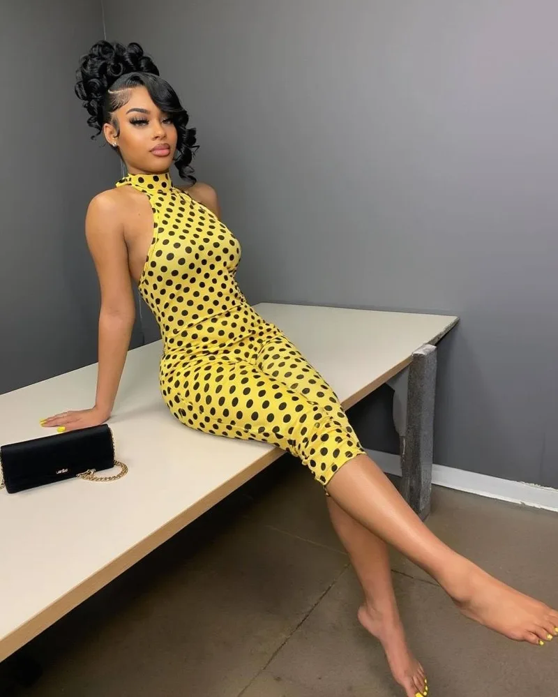 

GUWU Summer Wave Dot Printed Elastic Hanging Neck, Naked Back, Slim Fit jumpsuit