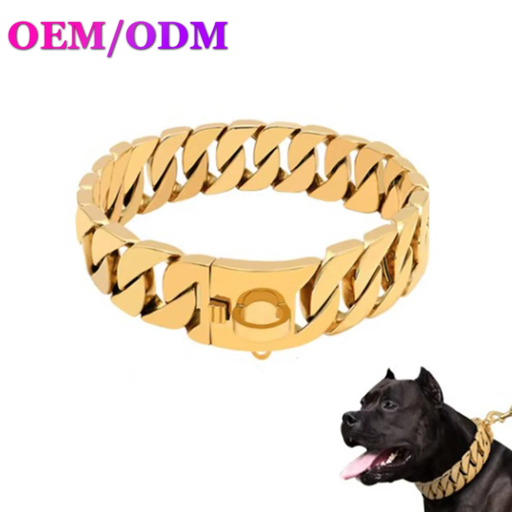 Modern Solid Pattern Ribbons Stainless Steel 15MM Cuban Chain Personalized Durable Luxury Dog Collar for Bulldog