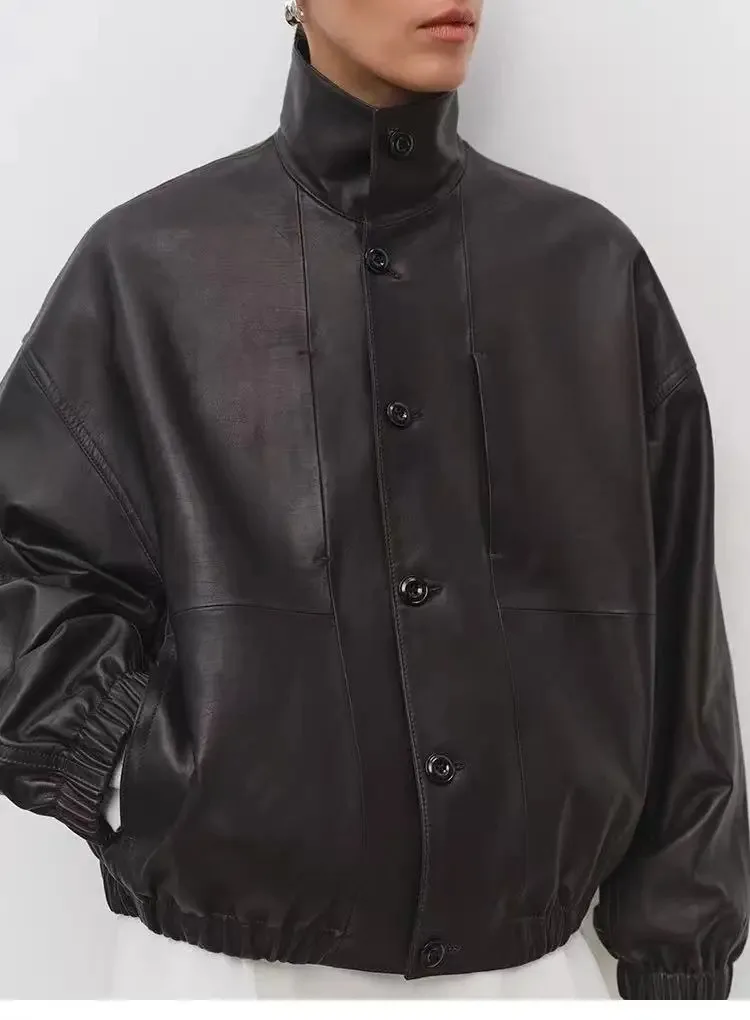 Minimalist Leather Jacket for Women Modern Genuine Sheepskin Stand Up Collar Short Silhouette Coat Winter Top