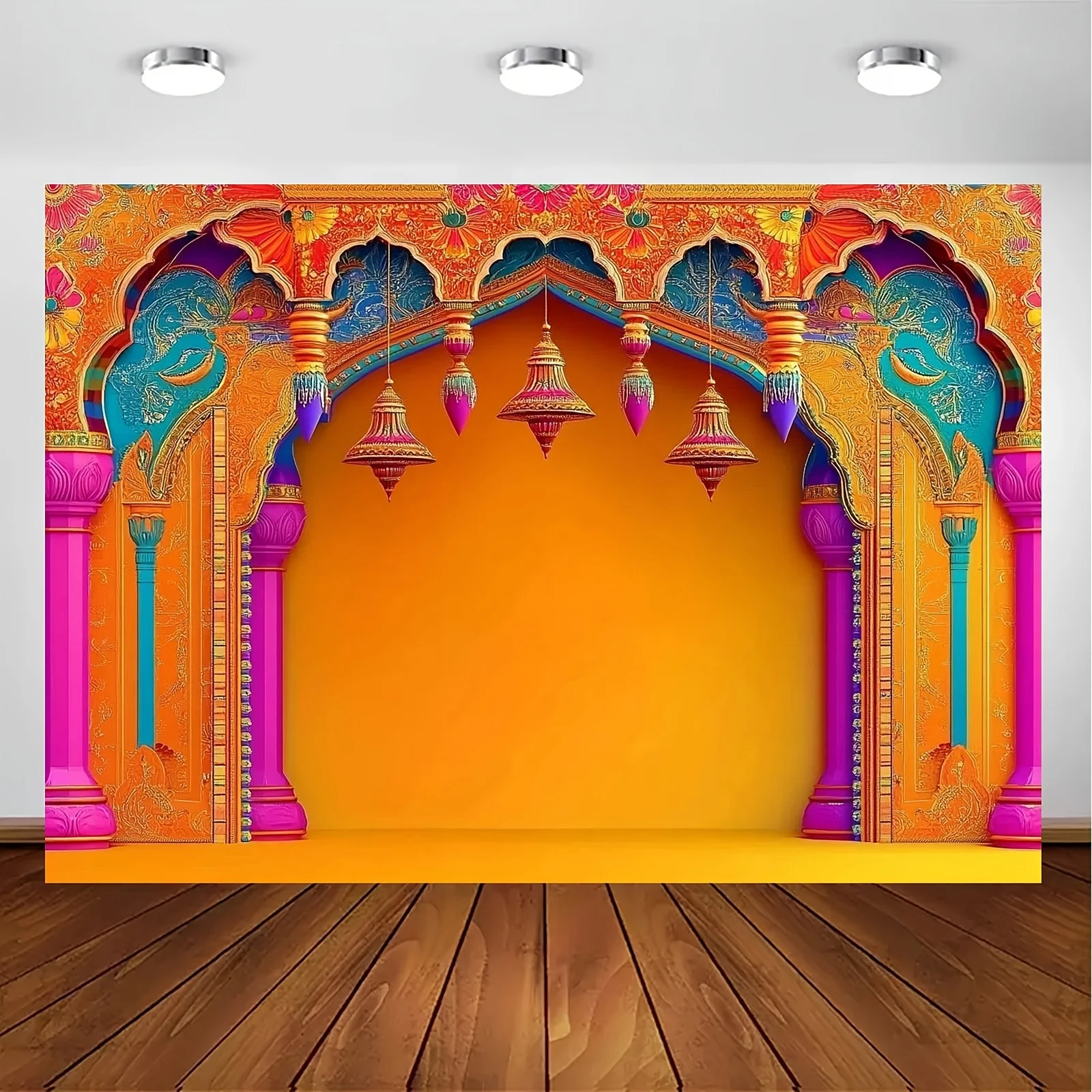 Indische Hochzeitshintergrundbildschirm – Party-Dekoration mit großen Bögen, Orange, Lila, Blau, Rosa, Gold, Rot