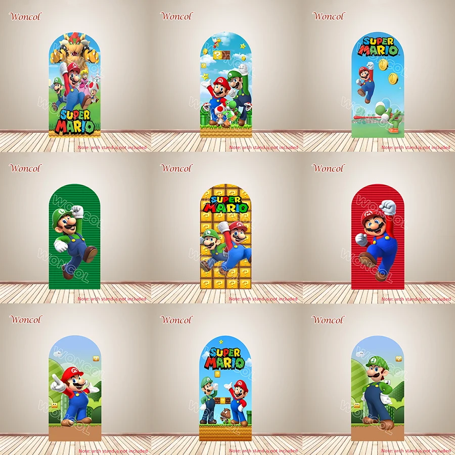 Super Mario Arch Backdrop Yoshi Princess Peach Mario Luigi Birthday Backdrop Polyester Double-Sided Super Mario Bros Arch Cover