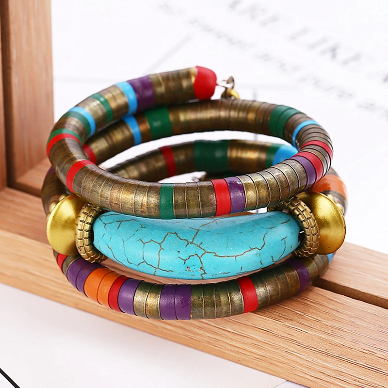 Fashion Vintage Natural Stone Colorful Snake Bangles Bracelets For Women Multilayer Metal Bracelet Jewelry Indian