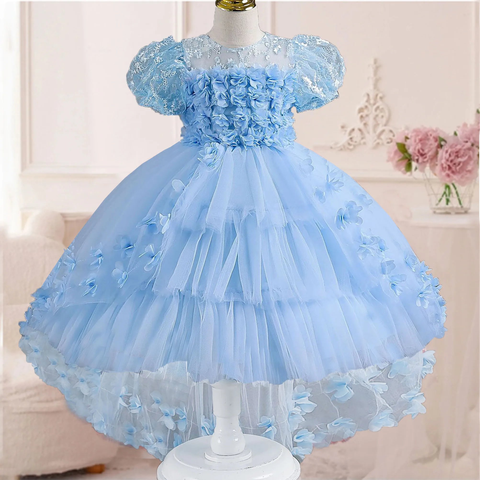 Vestido de dama de honor de boda para niñas pequeñas, vestido de dama de honor con flores 3D, vestido de fiesta de cumpleaños, desfile, vestido de Hi-Lo, AT122