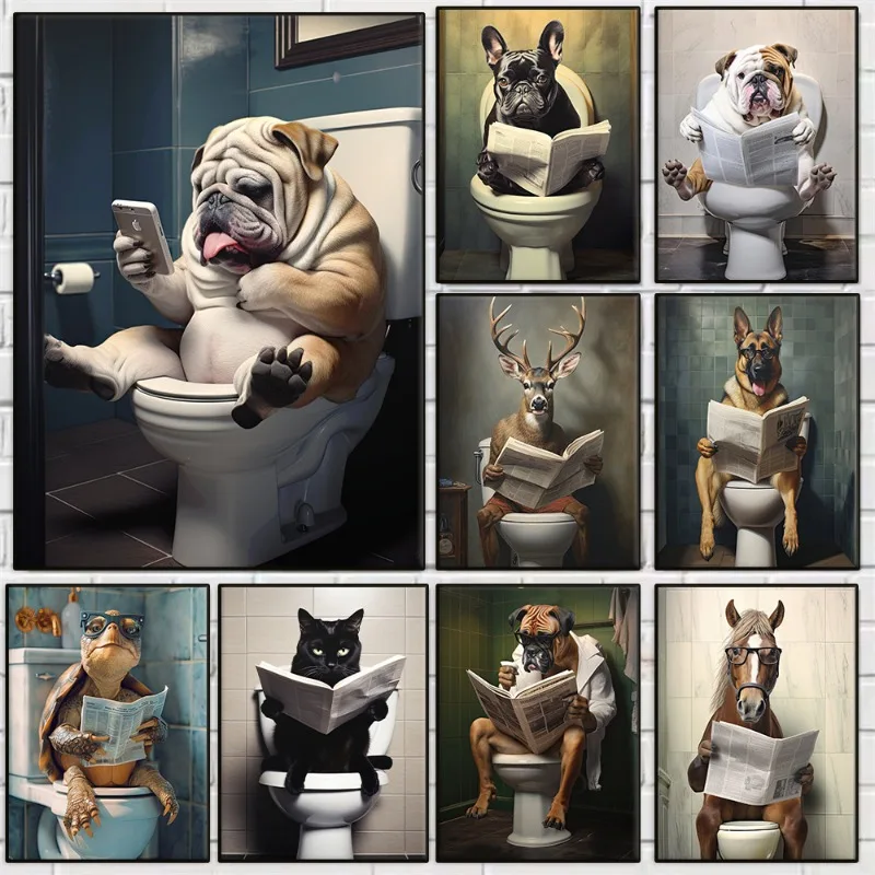Funny Animal on Toilet Poster Cute Dog Cat Reading Newspaper Playing Cell Phone Canvas Painting Wall Art for Bathroom Home Decor