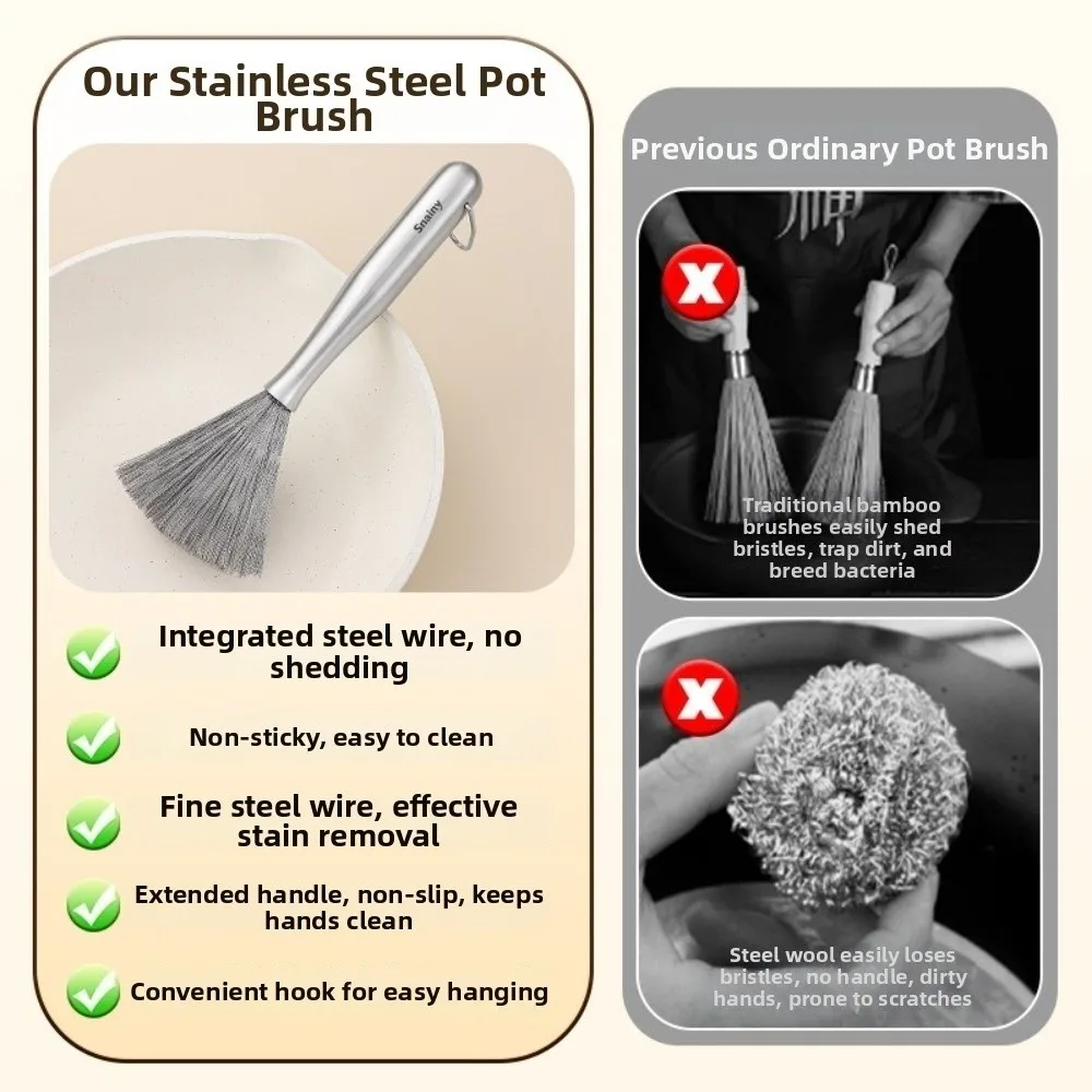 Stainless Steel Kitchen Cleaning Brush Long Handle One-piece Molded Steel Wire Pot Cleaning Tool Anti-Rust Dish Washing Brush