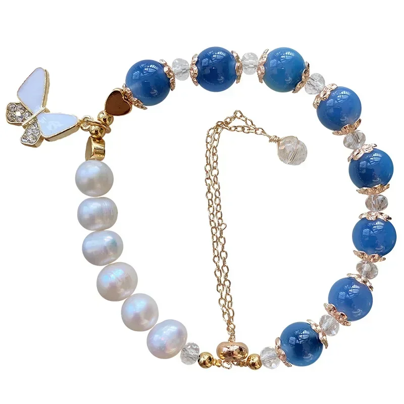 Wholesale Blue Sugar Heart Crystal Bracelet Round Beads With Butterfly Charm Pendant Bracelet For Women Gift Fashion Jewelry