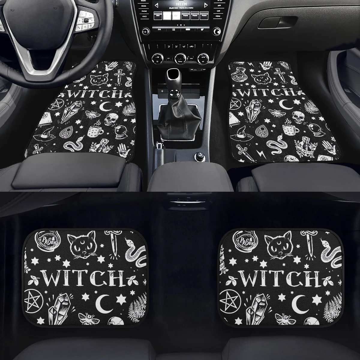 Witch Cats Skull Black Pattern Auto Foot Mat Covers Universal Anti-Slip Carpet Set Fits Most Car Vehicle Interior Accessories