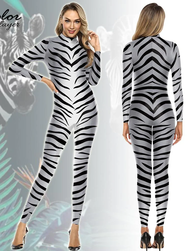 Kolor Cosplayer Zebra kombinezony kostium Cosplay na Halloween fantazyjna impreza karnawałowa odzież zwierzęca Zentai garnitur dla dorosłych Catsuit strój
