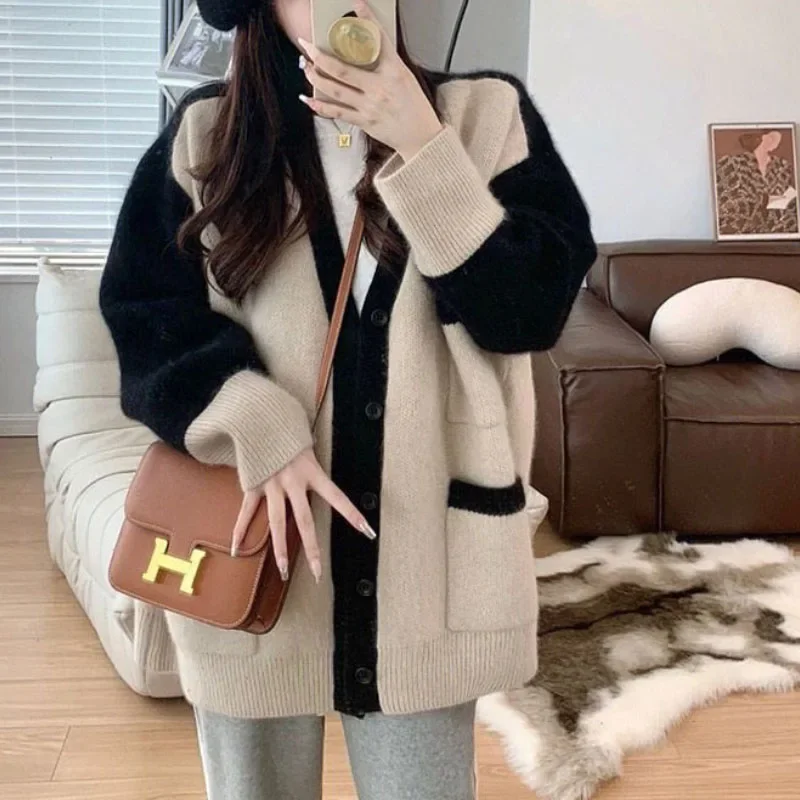 

Women Autumn Winter Knit Cardigan Commuter Trendy Contrast Button Pocket Splicing Lazy Sweater Style Long Sleeve Coat F159