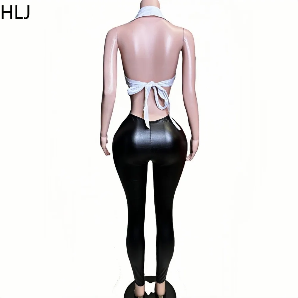 HLJ Black Sexy Hollow Bodycon Out Leather One Pieces Jumpsuits Women Halter Elasticity Slim Playsuits Fashion Bandage Overalls