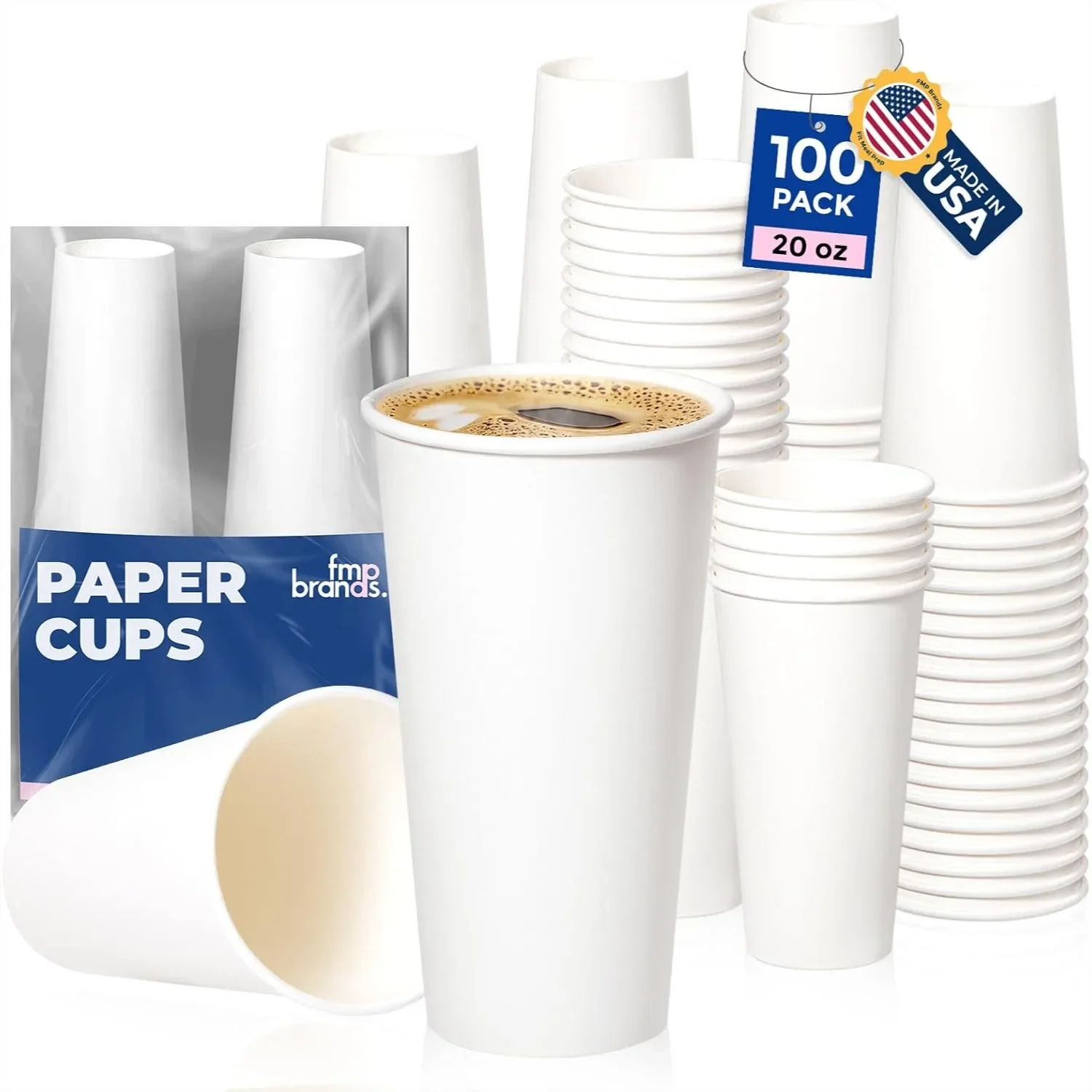 

100 Pack 20 oz Disposable Paper Coffee Cups for Hot and Cold Drinks, Thick White Cups for Parties, Office, and Daily Use