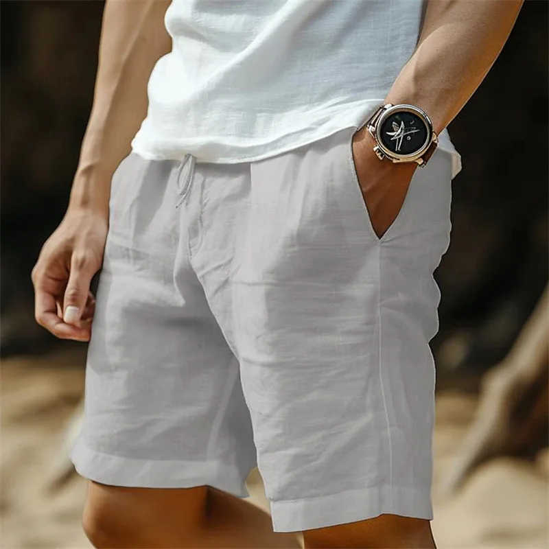 Linen Shorts Pants Drawstring Elastic Waist Straight Legs Solid Color Breathable Daily Beach Five-point Casual Pants