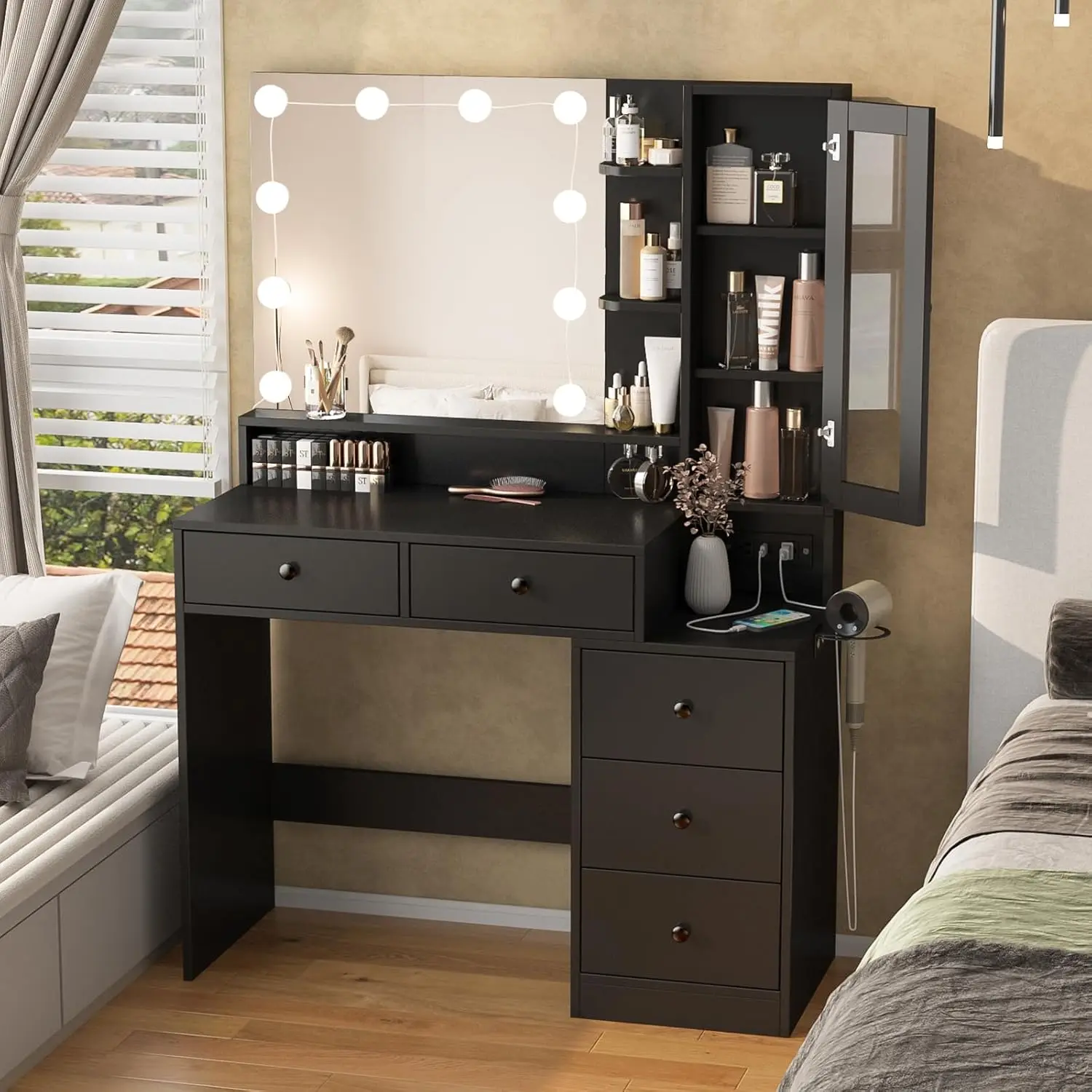 Vanity Desk with Mirror and Lights,Makeup Vanity Table with Power Strip and 3 Color Lighting,Large Makeup Desk with 5 Drawers