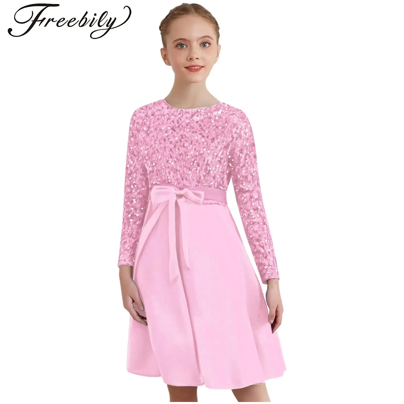 

Elegant Girls Glitter Sequin Party Dress Long Sleeve High Waist Knee Length Belted Pleated Dress Banquet Wedding Xmas Party Gown
