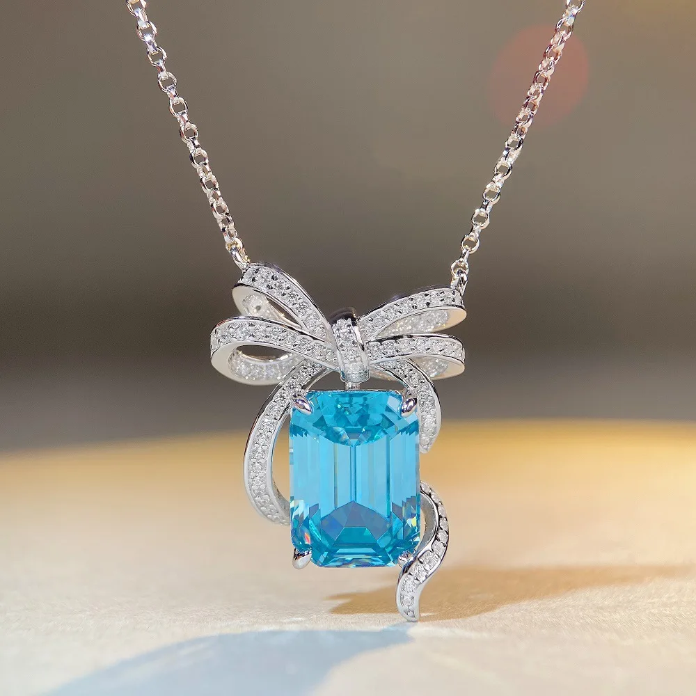 

New S925 sterling silver bow pendant necklace female aquamarine high carbon diamond pendant collarbone chain