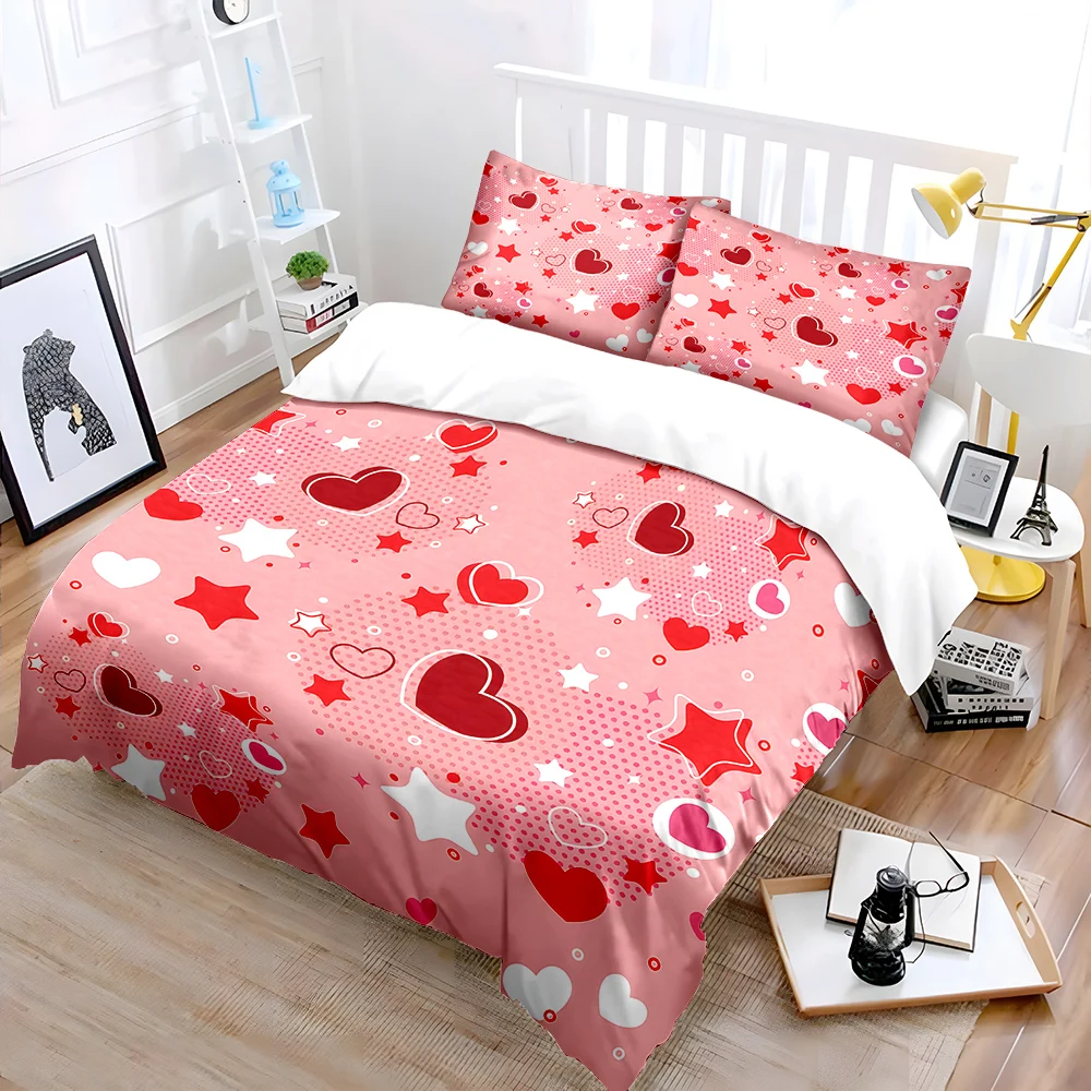 Hearts and stars on pink background Bedding Set for Kids Luxury Gift 3pc Digital Print Comforter Set Soft Comfortable Breathable